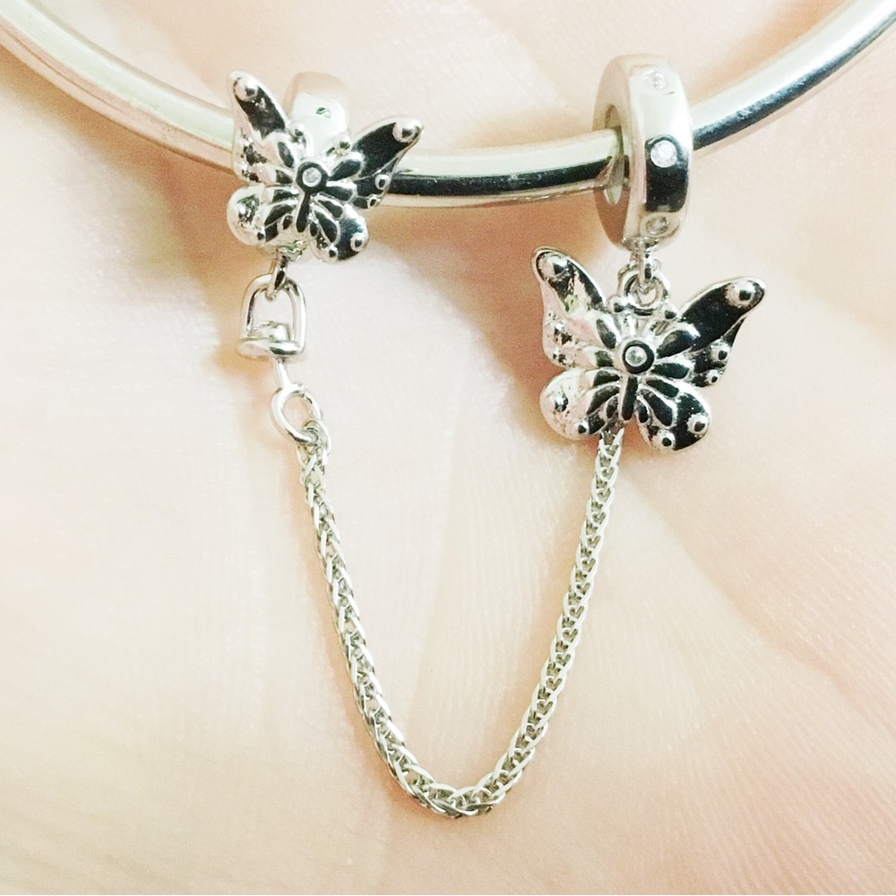 S925 Platinum Plated Butterfly Safety Chain for Charm Bracelet - Pandora Style